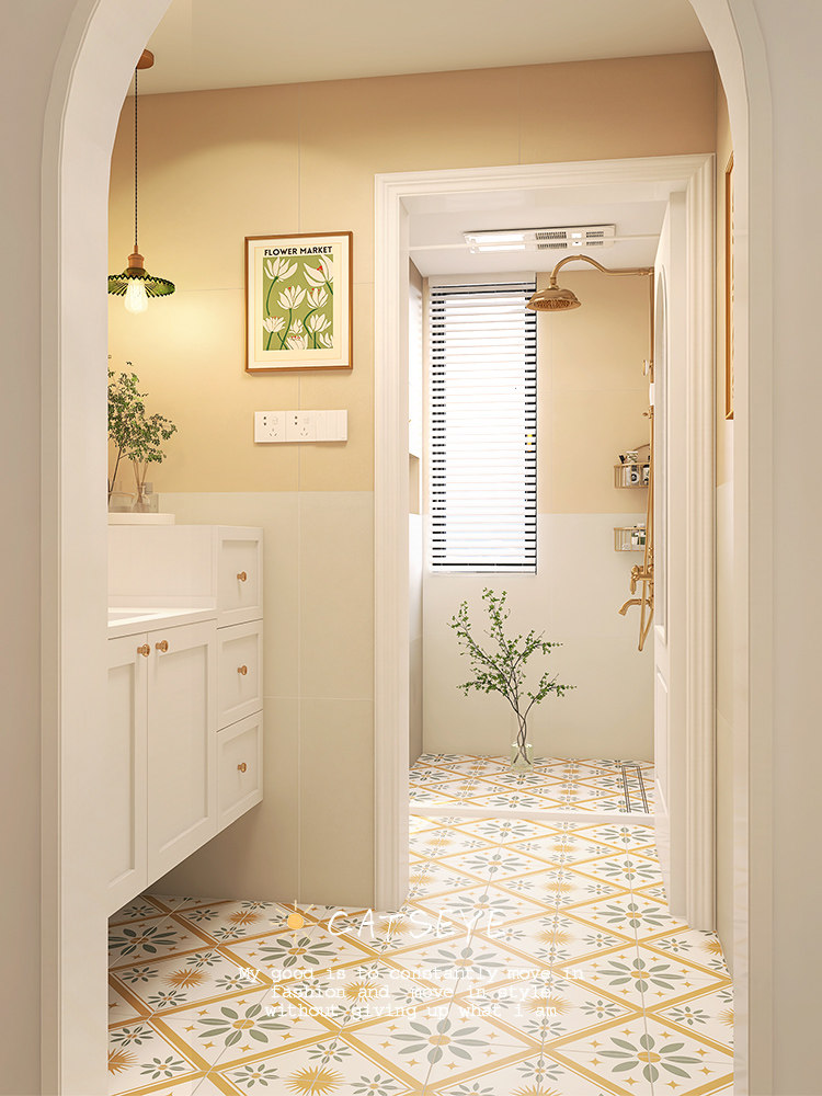 Cat's eye light French bathroom tile art small flower brick cream wind kitchen toilet wall tile bathroom floor tile