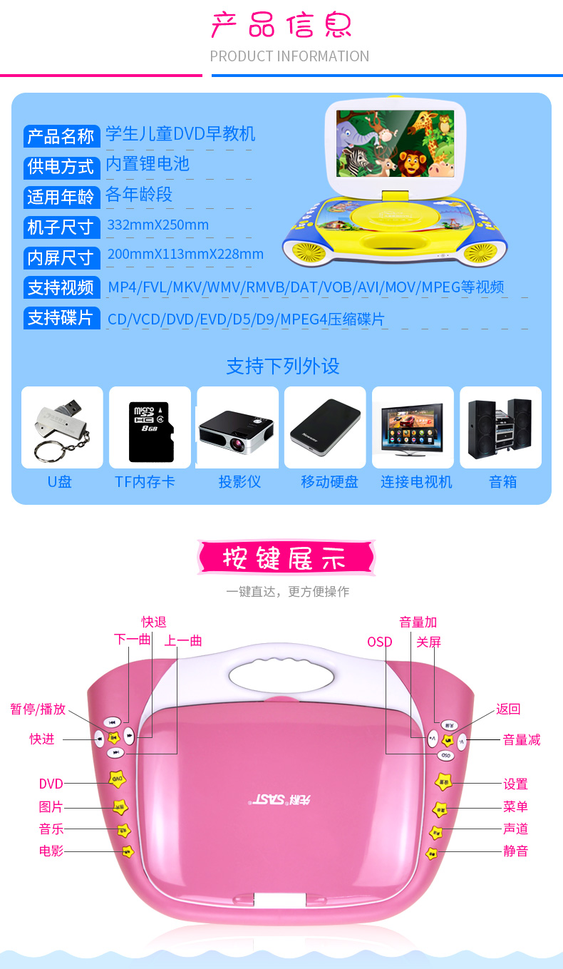 đầu phát 4k SAST / SAST 118s trẻ em học tập di động DVD14 inch giáo dục sớm máy nghe nhạc EVD di động - Trình phát TV thông minh hộp phát wifi