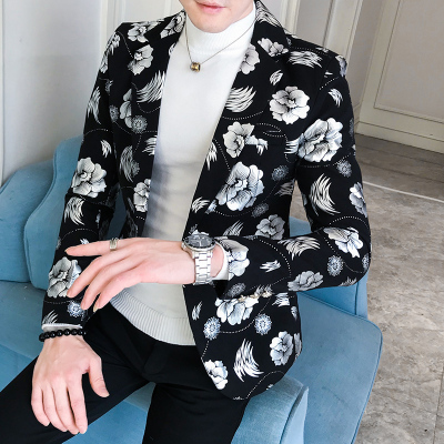 Fashionable Performance Clothing, Personalized Black Printed Suit, Casual Floral Jacket, Small Suit, Men's Trendy Brand Colorful Clothes Fashionable Performance Clothing, Personalized Black Printed Suit, Casual Floral Jacket, Small Suit, Men's Trendy Brand Colorful Clothes