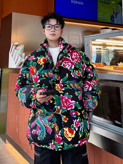 2025 New Northeast Large Flower Cotton Coat Thickened and Warm National Characteristic Peony Cotton Coat Large Size Loose Jacket for Men