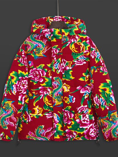 Northeast large flower print thickened down jacket winter warm jacket men's youth classic pattern hooded cold jacket