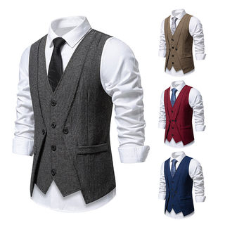 2025 New European and American Retro Style Men's Host Formal Vest with Faux Two-Piece Design, Solid Color, Loose Fit, Versatile