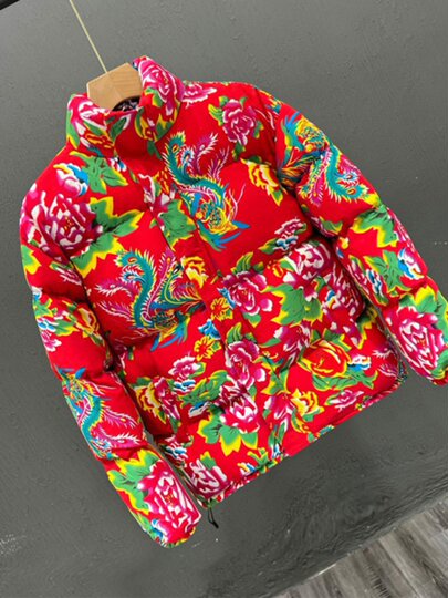 Fashionable bread clothing, retro couple clothing, Northeast big flower down jacket, men's and women's red festive coat, winter trend
