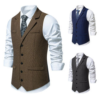 Men's Herringbone Tweed Suit Jacket, Vintage Lapel, Single-Breasted, Solid Color, Niche Design Vest