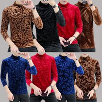 Handsome and semi-high-collar patterned printed male long sleeve T-shirt Korean version Society will be a little boy pop hip hop inside the bottom shirt tide