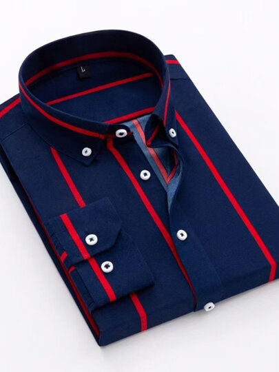 Men's Gray and Black Vertical Striped Printed Fashion Casual Top with Lapel and Pocket Decoration, Simple Style Long-Sleeve Shirt