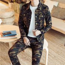 Spring and autumn personality camouflage suit mens casual denim two-piece slim Korean sports trend tooling clothes