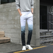 Personality trend slim feet black and white stitching color jeans men autumn long slim pants hairdresser