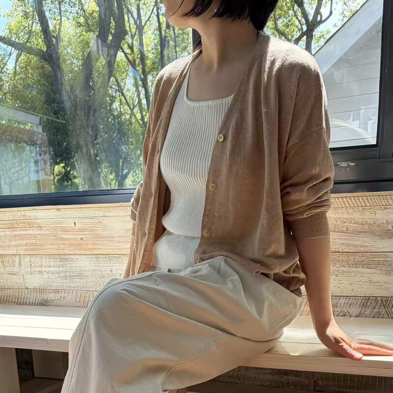 Korean Style French Linen Knit Sun Protection Cardigan Jacket, Thin and Casual Outerwear for Spring and Autumn