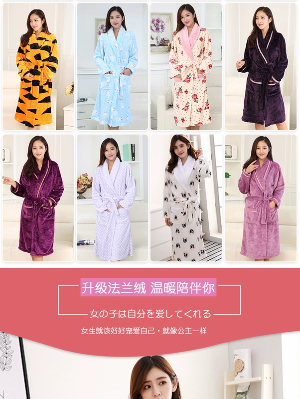 Flannel áo choàng tắm của phụ nữ đồ ngủ nam áo ngủ mùa thu và mùa đông san hô lông cừu dài tay vài chiếc váy buổi sáng dày áo choàng tắm áo choàng