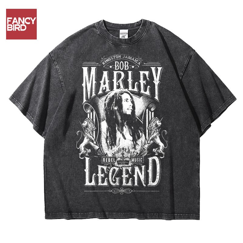 European and American Bob Marley Reggae Heavy-Duty Loose Vintage Washed Pure Cotton Short-Sleeve T-Shirt for Men Summer