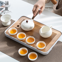 Chanting ceremony high-end sheep fat jade tea set Dehua white porcelain household simple Kung Fu tea side handle pot cover bowl gift box