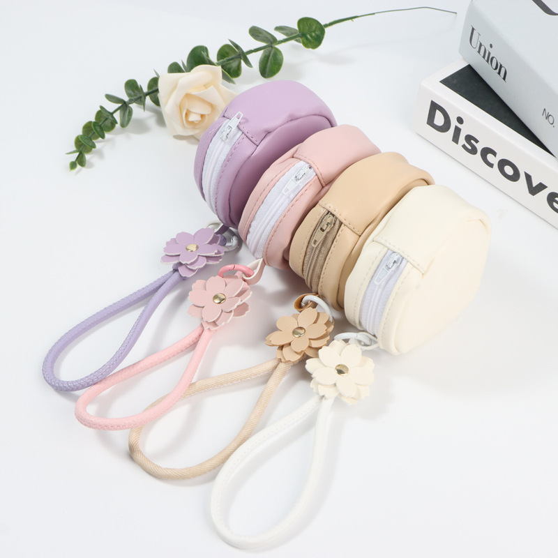 Hot Selling Fashion Flower ins Mini Round Pu Leather Coin Coin Purse Women's Portable Easiest for Match Wristband Keychain