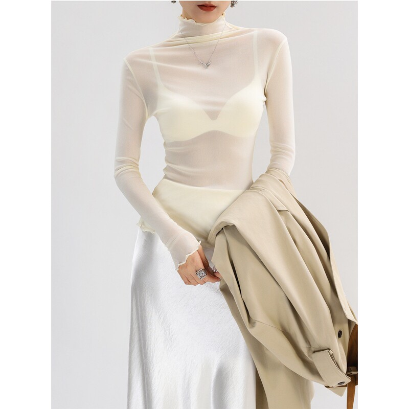 High-Neck Lace Base Layer Top for Layering, White, Unique, Beautiful, High-End, Thin, Transparent Mesh Top with a Sense of Sophistication High-Neck Lace Base Layer Top for Layering, White, Unique, Beautiful, High-End, Thin, Transparent Mesh Top with a Sense of Sophistication