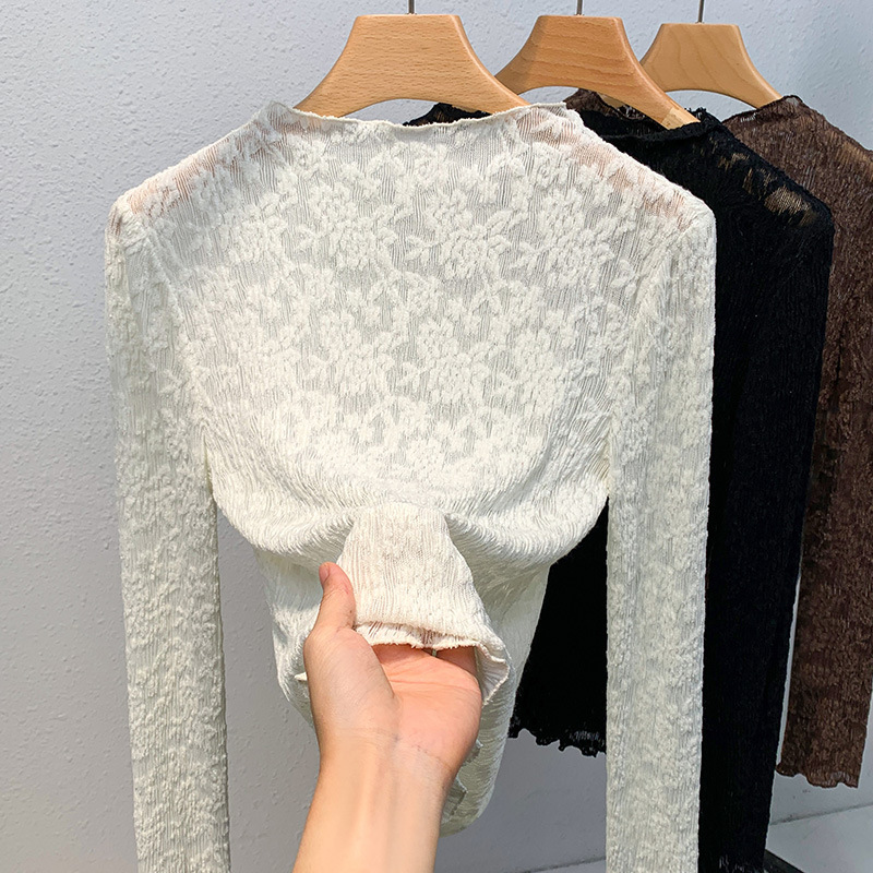 Lace Base Shirt for Women, Mesh Inner Layer, New Autumn and Winter Long-Sleeved Top, Fashionable and Stylish Crochet Hollow-Out Blouse Lace Base Shirt for Women, Mesh Inner Layer, New Autumn and Winter Long-Sleeved Top, Fashionable and Stylish Crochet Hollow-Out Blouse
