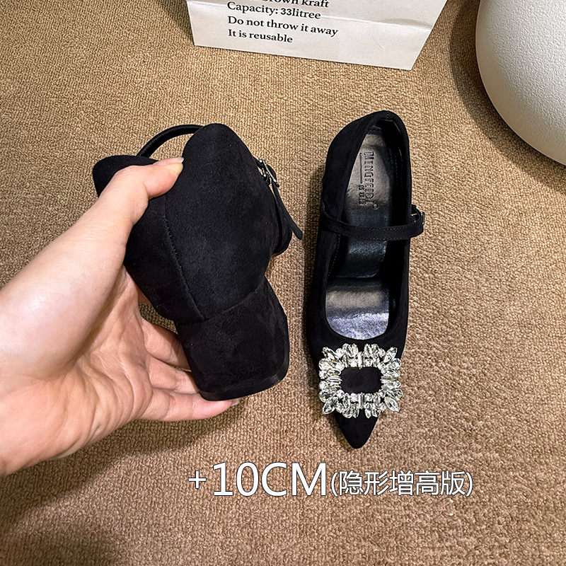 Sheepskin Version 10cm Trendy Rhinestone Buckle Single-Strap Hidden Heel Mary Jane Shoes Pointed Toe Women's Ultra-High Chunky Heel Shoes