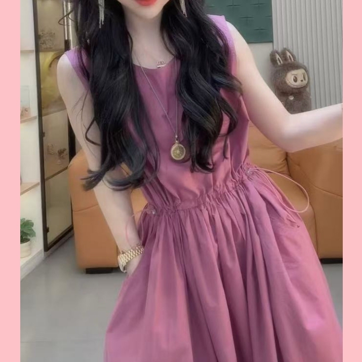 Vest Dress 2026 Summer Goddess Style Korean Version Light Luxury Age-Reducing Mid-Length Drawstring Waist Slimming Sleeveless Dress Vest Dress 2026 Summer Goddess Style Korean Version Light Luxury Age-Reducing Mid-Length Drawstring Waist Slimming Sleeveless Dress
