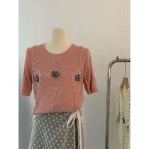 Internet celebrity 2024 spring and summer new womens round neck studded flower short-sleeved sweater top real shot 7902