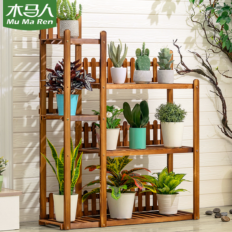 Wooden Horse Man Solid Wood Flower Shelf Floor Type of decoration Balcony Living Room Multi-storey Indoor Gold Gtub Multimeat Iron Art
