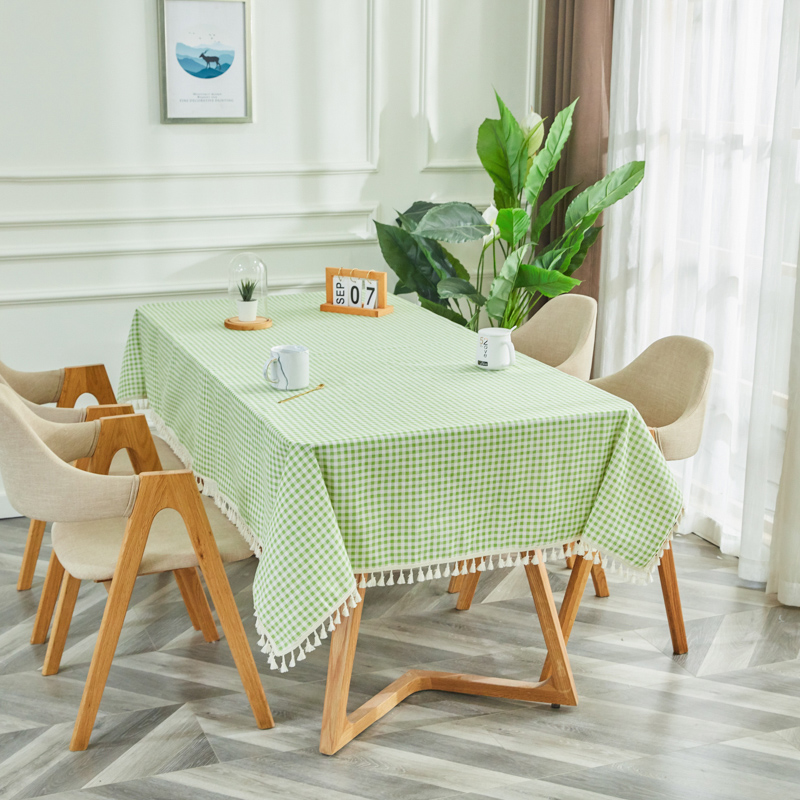 Grass Green Lattice [Fringe Lace]tablecloth fabric art Cotton and hemp student desk Ins wind Northern Europe Modern simplicity like a breath of fresh air tassels tea table dining table Gabe