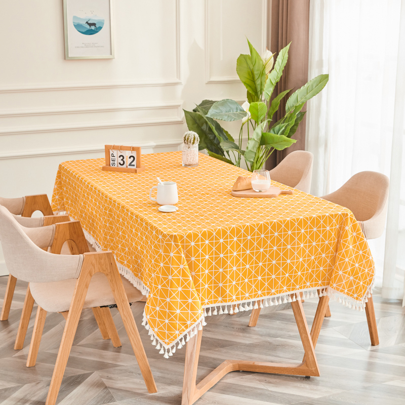 Yellow Rice Check [Fringe Lace]tablecloth fabric art Cotton and hemp student desk Ins wind Northern Europe Modern simplicity like a breath of fresh air tassels tea table dining table Gabe