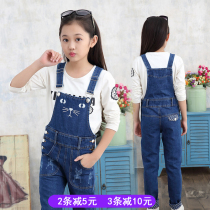 Childrens wear girls underpants autumn clothes middle-aged children Girl denim trousers spring and autumn cat childrens suspenders jumpsuit