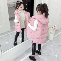 Girls cotton waistcoat Autumn and Winter 2021 Middle Childrens foreign-style down vest vest horse clip outside wear girls waistband long tide