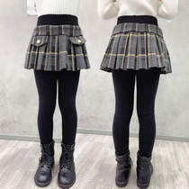 Girls culottes autumn and winter plaid foreign childrens fake two-piece pants skirt wear velvet leggings winter baby pants