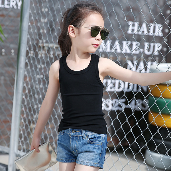 Vào mùa hè, các cô gái lớn không tay màu đen và trắng t-shirt cotton vest nhỏ áo sling childrens ngọn mặc bên trong và bên ngoài.