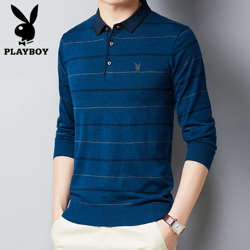 Playboy trung niên nam dài tay áo thun đùi cổ áo mùa xuân mùa thu cha knitsweater nam sọc chạm đáy.