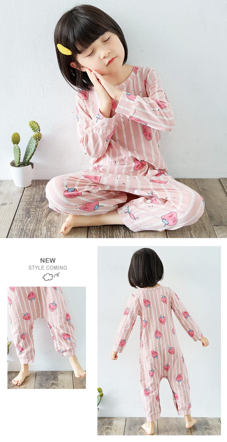 Shangbao Mai 2018 mùa thu mới cho bé bộ đồ ngủ một mảnh cotton dài tay jumpsuit chống mát cho bé gái đồ ngủ chống đá áo liền quần bò sữa cao cấp