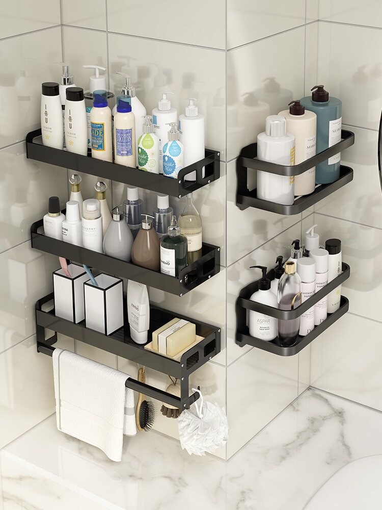 Bathroom bathroom shelf Punch-free wall-mounted cosmetics sink black powder room storage layer shelf