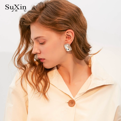 苏心 Блестящий аксессуар, квадратная прозрачная серебряная игла, ретро серьги, серебро 925 пробы