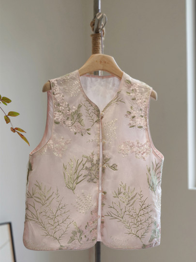 新中式粉色马甲女夏季薄款外穿背心坎肩刺绣年轻款国风吊带裙套装