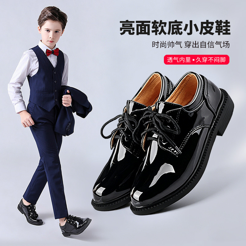 Boys' Leather Shoes for Performance, Black Single Shoes, New Style for Boys and Teenagers, Performance Shoes for Older Children, British Style Children's Shoes, Kids' Shoes