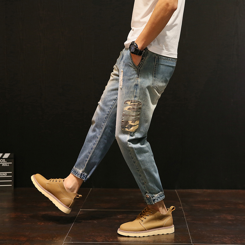Nine pants men's spring tide brand ripped jeans feet wild 9 points pants loose large size Korean trend pants