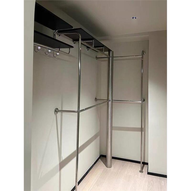 Stainless Steel Brushed Clothing Display Rack, Wall-Mounted Coat Rack with Board for Display, Clothes Hanging Rod, Storage Rack