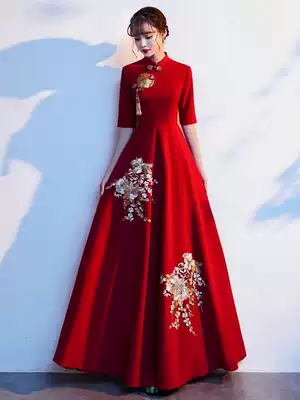 Toast bridal cheongsam 2021 new winter wine red engagement dress dress Chinese wedding satin female autumn