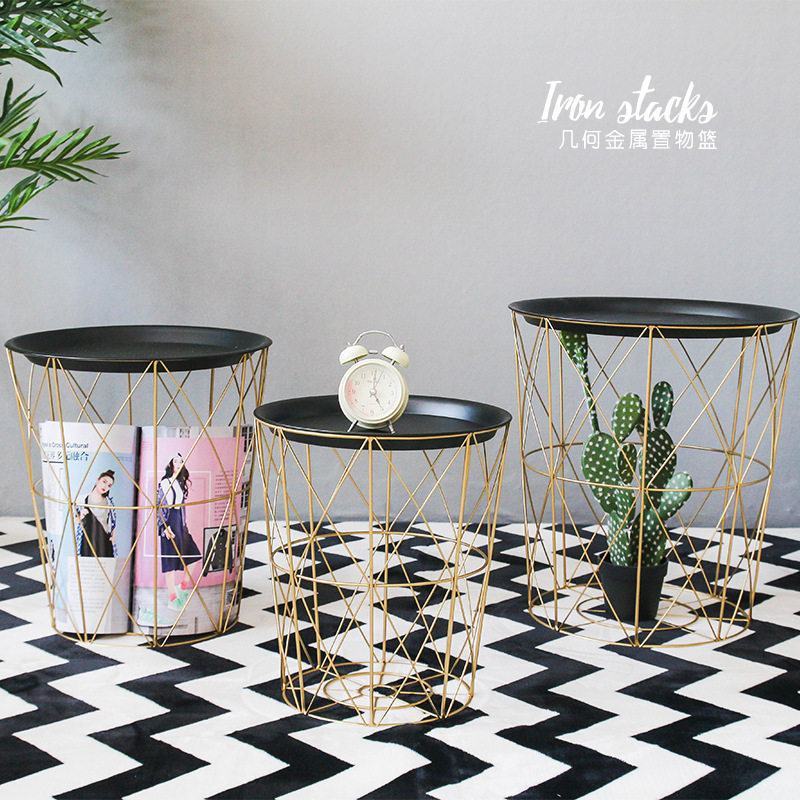 Nordic ins wrought iron modern simple living room bedroom small tea side round table dual-purpose storage Blue