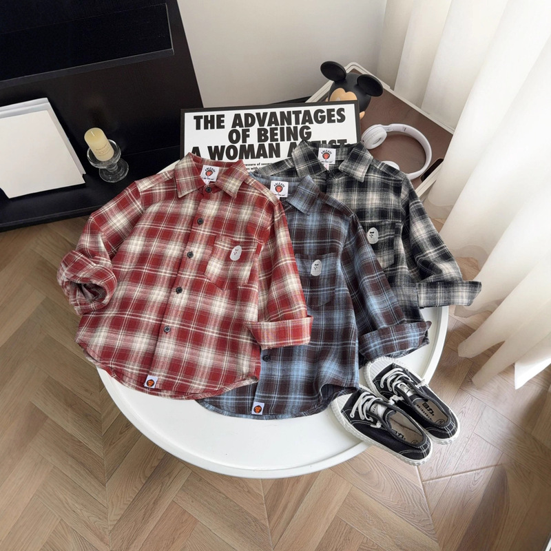Japanese Trendy Brand Bape Boys' Autumn Stylish Long-Sleeve Plaid Shirt Jacket for Older Children Casual Versatile Top Trendy