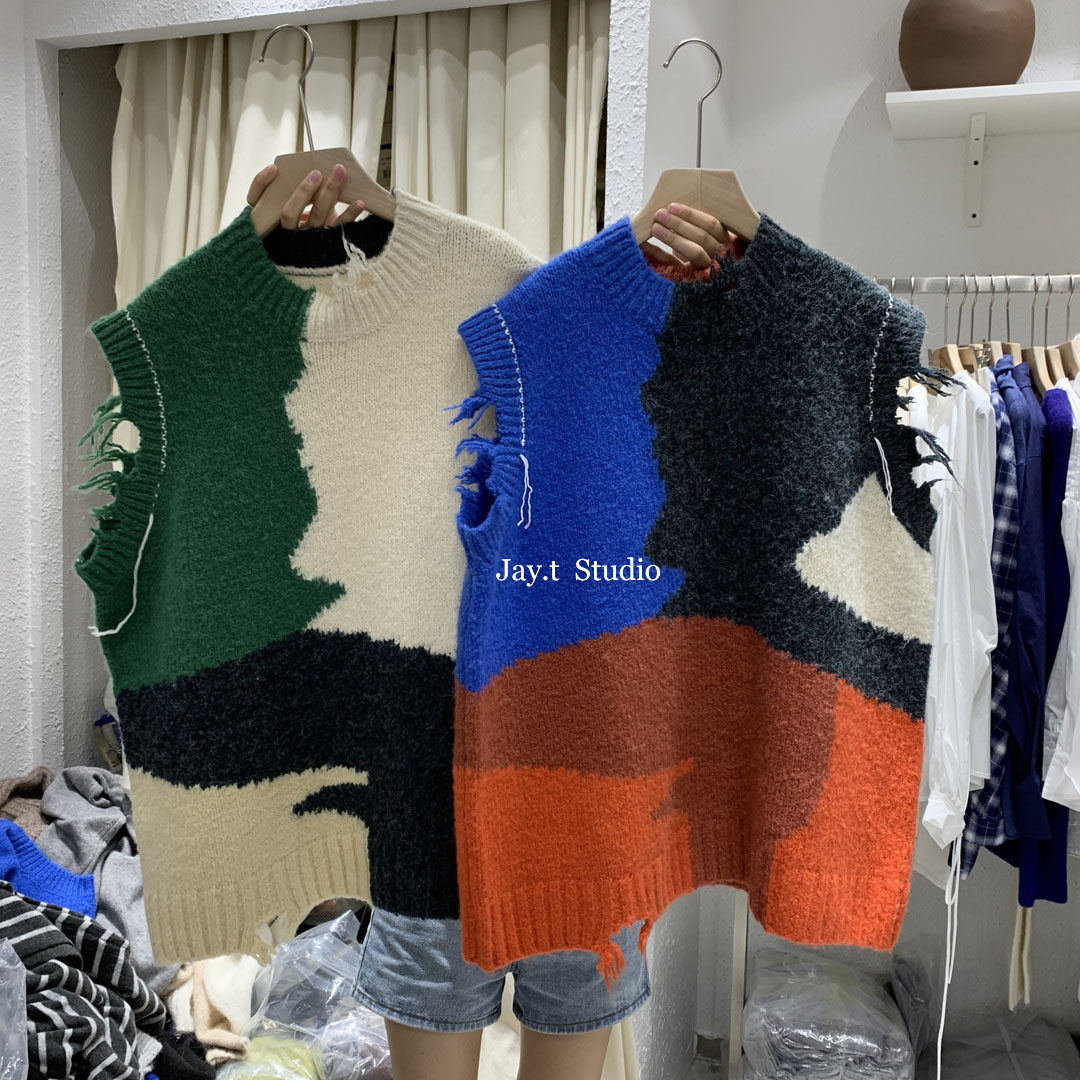 T D Pullover Knitted Wool Vest Autumn and Winter Korean Style Loose Versatile Western Style Contrasting Color Sweater Vest Women