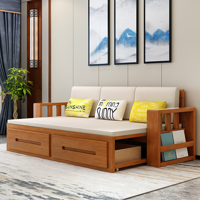 Solid wood sofa-bed Dual-use Folding small family Type 1 5 m 1 8 Living room Double storage sitting bedroom Multi-functional push-pull