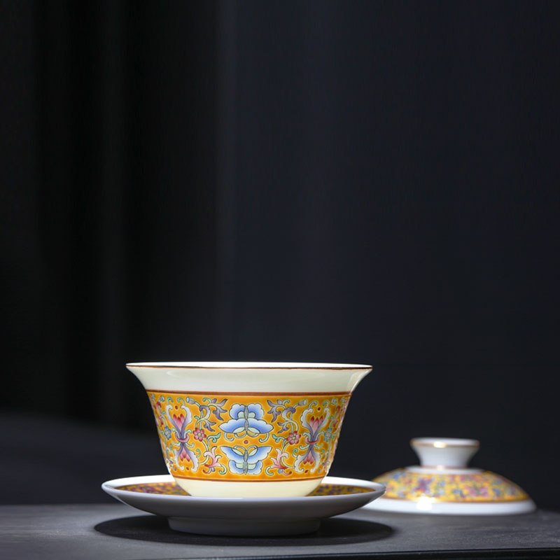 Treasure porcelain colored enamel porcelain 5 head in huang Lin kung fu tea set sample tea cup dish of the auspicious dance master cup single CPU