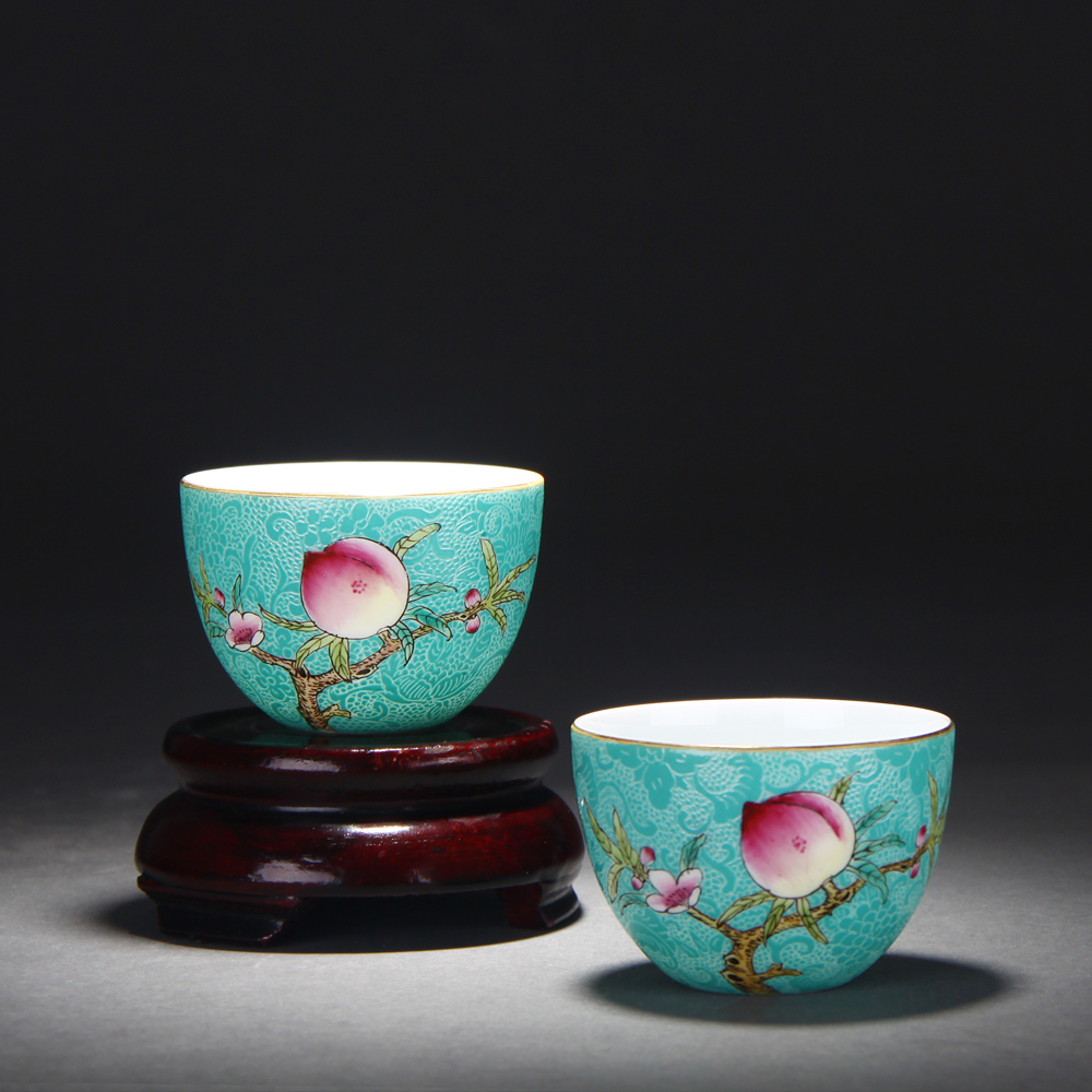 Treasure porcelain forest green lake steak peach flower powder enamel nine small arhat 5 head was a set of jingdezhen ceramic cup hand - made