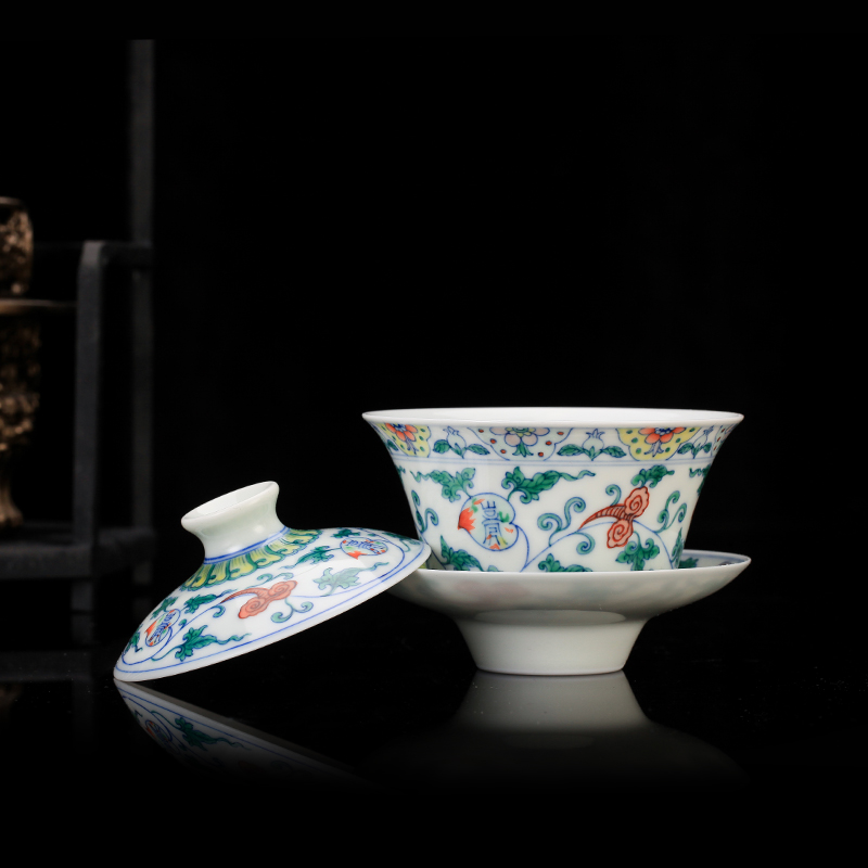 Treasure porcelain Lin Qinghua bucket color floral peach ganoderma lucidum lines 5 head tea set