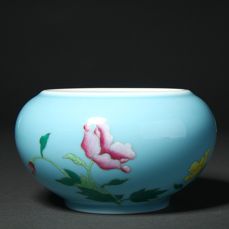 Treasure porcelain azure pastel peony Lin squat cup 10 head of tea sets jingdezhen ceramic glaze color hand - made the add color