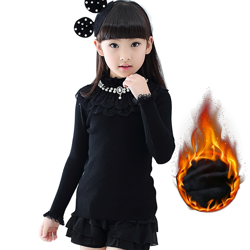 Children Suit Autumn Winter Long Sleeves Lace Lace Big Boy Pure Cotton Warm Blouse Girl Knit High Collar Gushed Bottom Jersey