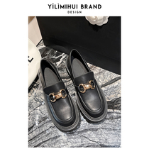 One Force Rice Grey Thick Bottom Lefu Shoes Womens Single Shoes 2022 Spring Autumn New Round Head Metal Buckle Academy Wind Small Leather Shoes