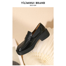 One Force Rice Grey 2022 Spring Autumn Square Head Genuine Leather Coarse Heel Lefu Shoes Womens Single Shoes Yinglun Wind College Thick Base Small Leather Shoes