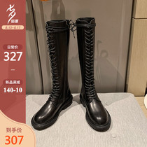 Yili beige gray knee-high barrel boots new all-match British long barrel motorcycle leather knight boots women